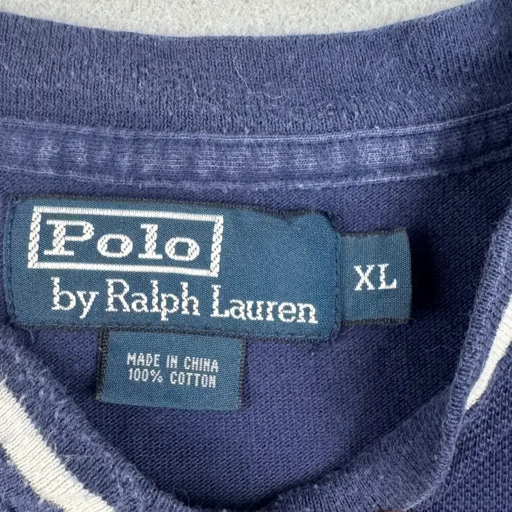 Vintage Polo Ralph Lauren Pique V Neck Cotton TShirt XL Navy Red Pony Y2K Preppy